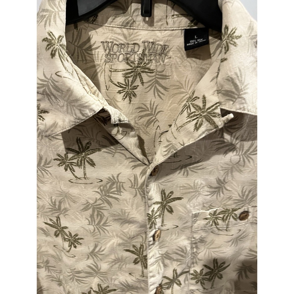 World Wide Sportsman Mens Large 100% Silk Palm Tree Tropical Camp Shirt Tan